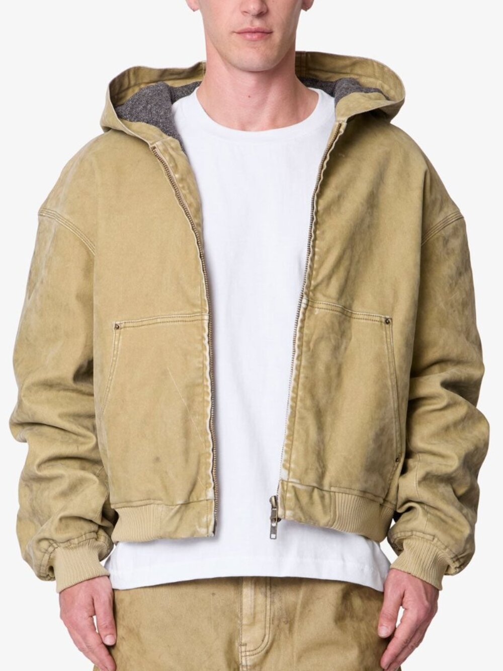 mnml Stretch Cotton Flocked Hooded Zip Up Work Jacket Size L NWT $128